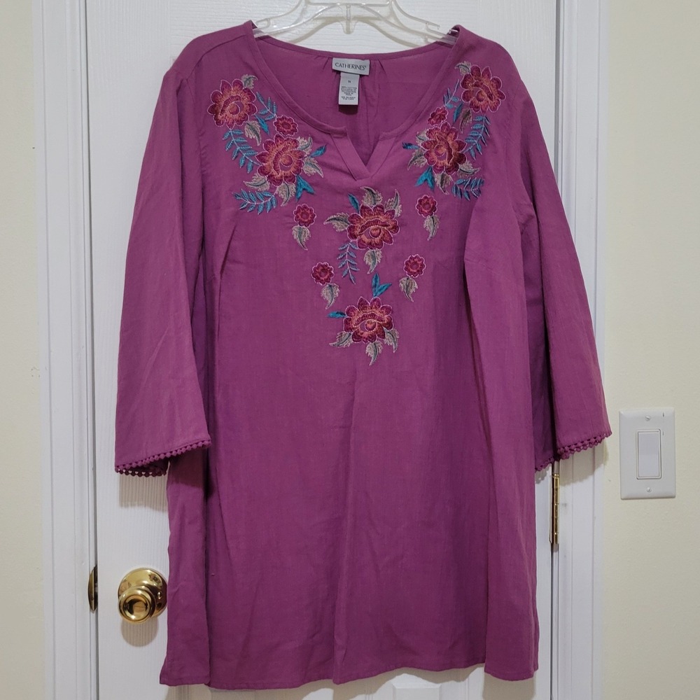 Womens 1X Purple Cotton Floral Embroidered Tunic Top 3/4 Sleeve Boho Hippie